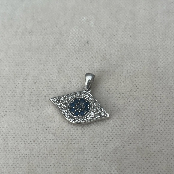 Natural Round Diamond 14k Solid White Gold Sapphire Evil Eye Pendant